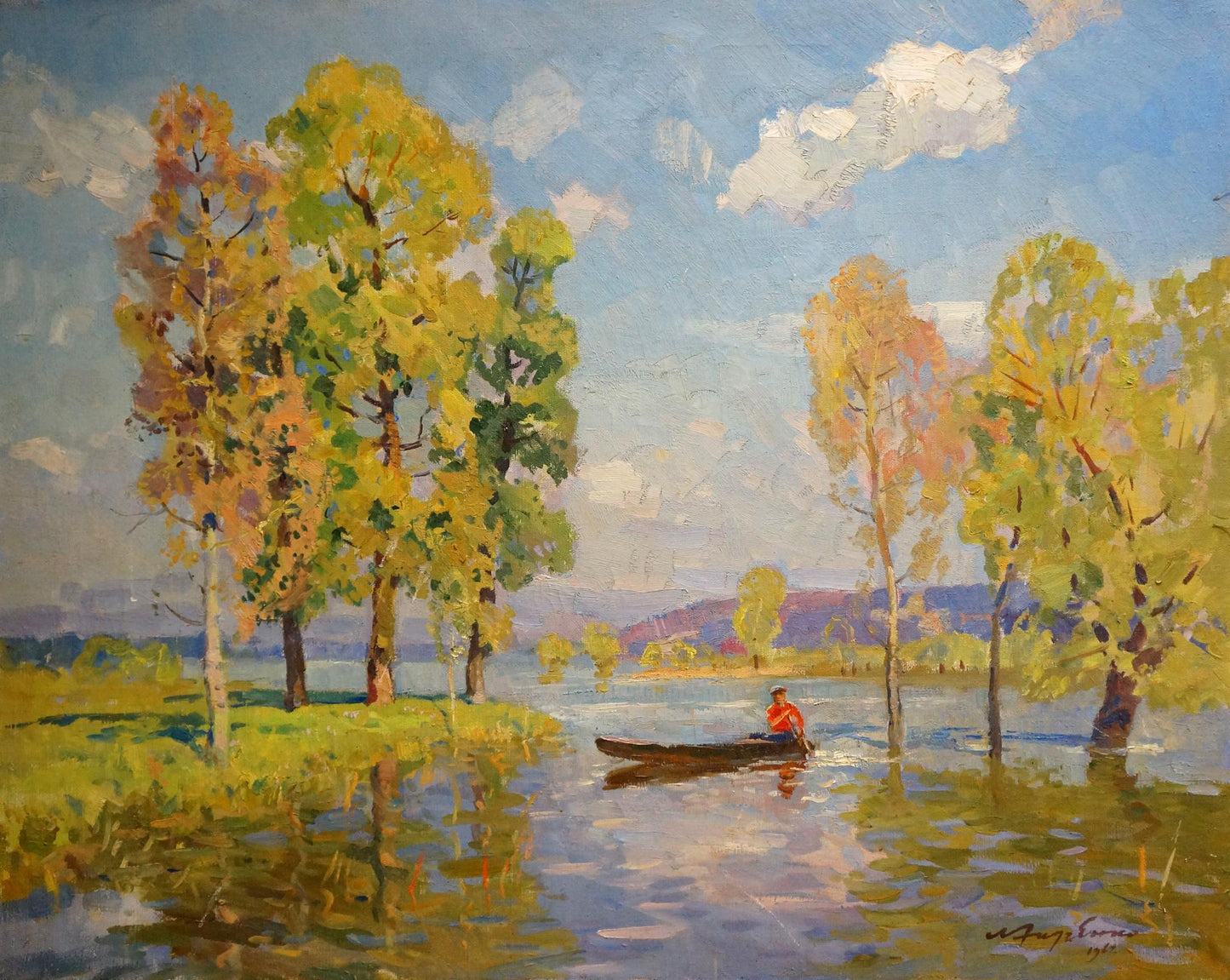 Oil painting by Khodchenko Lev Pavlovich: canoe on calm river amid autumn trees