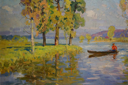 Oil painting by Khodchenko Lev Pavlovich: lone figure paddling canoe on autumn river