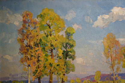Oil painting of river landscape with tall trees by Khodchenko Lev Pavlovich