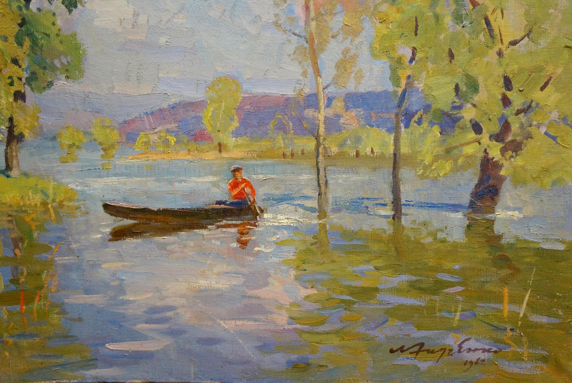 Oil painting by Khodchenko Lev Pavlovich: red-shirted paddler in canoe on calm river amid trees