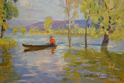 Oil painting by Khodchenko Lev Pavlovich: red-shirted paddler in canoe on calm river amid trees