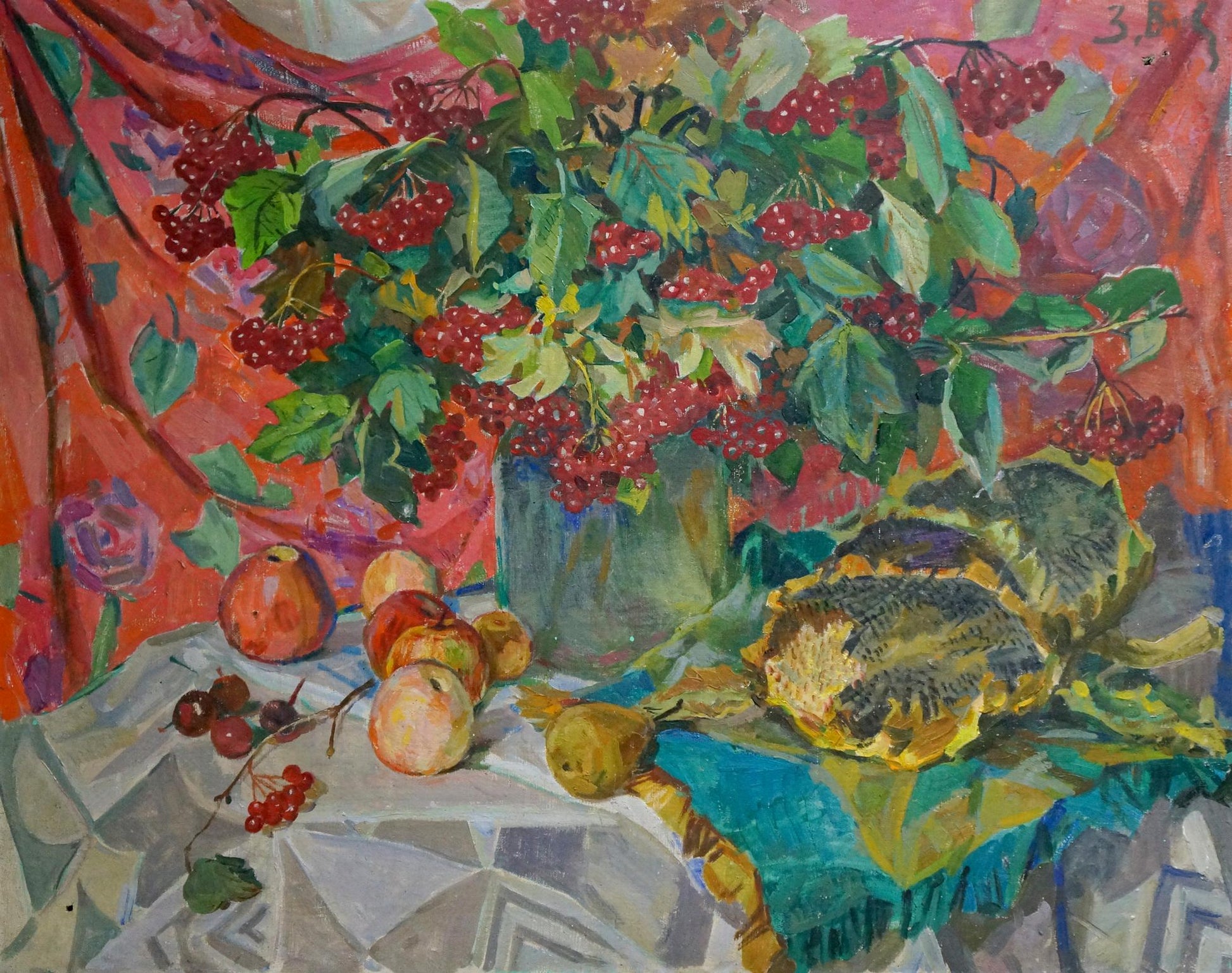 Oil painting of red berries and leaves in vase by Volkovinskaya Zinaida Vladimirovna