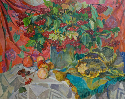 Oil painting of red berries and leaves in vase by Volkovinskaya Zinaida Vladimirovna