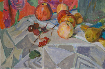 Oil painting still life by Volkovinskaya Zinaida Vladimirovna with apples, pears, berries