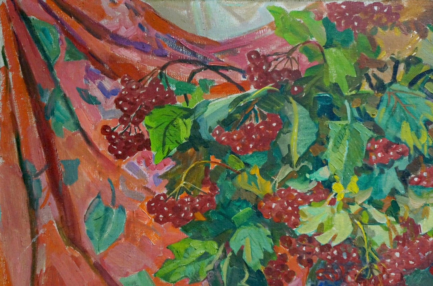 Oil painting by Volkovinskaya Zinaida Vladimirovna: vibrant red berries on green vines