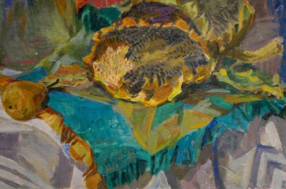 Vibrant sunflower oil painting by Volkovinskaya Zinaida Vladimirovna on teal cloth