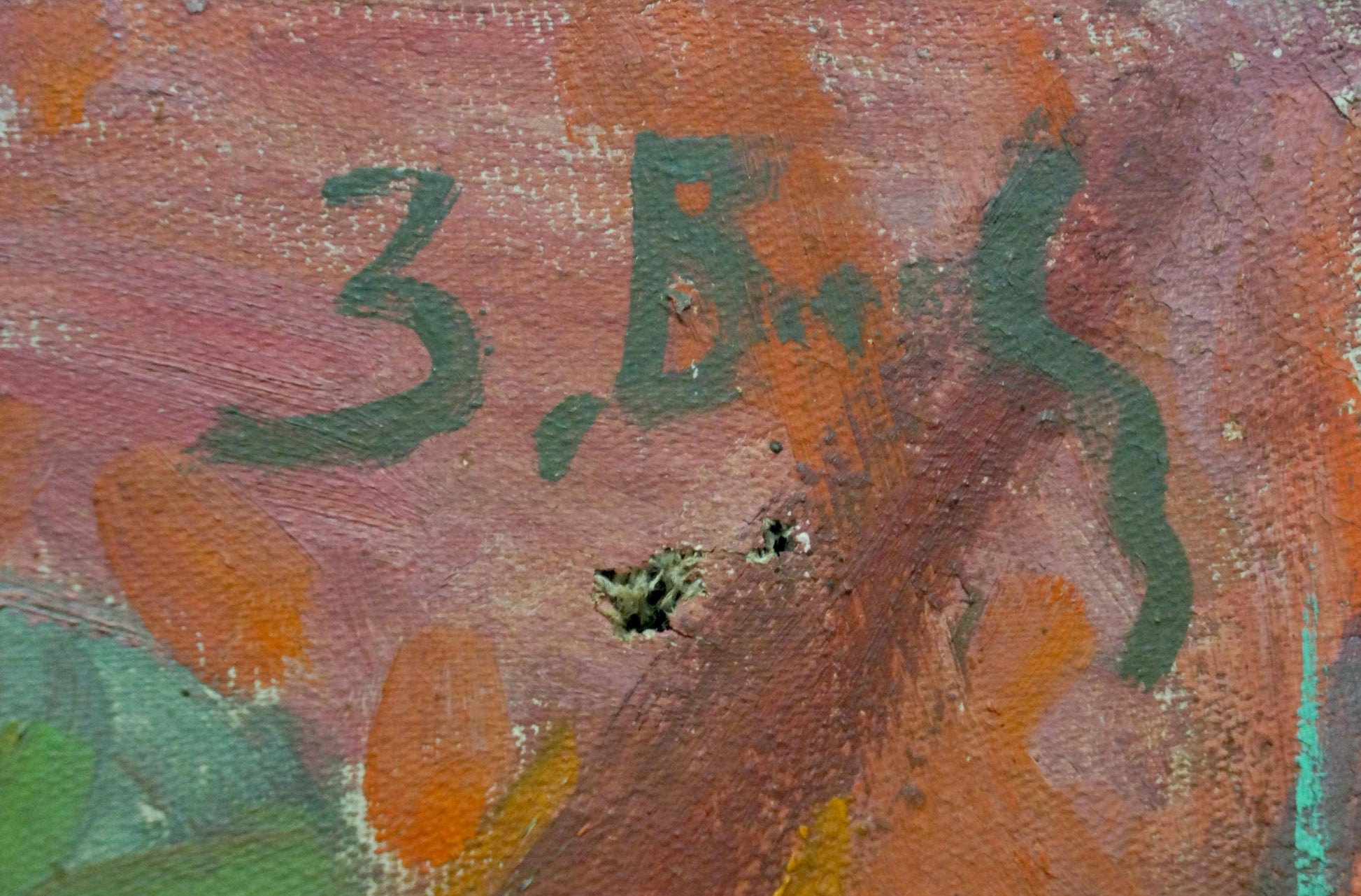Back of oil painting Still life by Volkovinskaya Zinaida Vladimirovna with green 3.b. signature on textured canvas