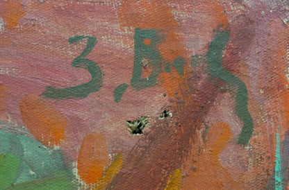 Back of oil painting Still life by Volkovinskaya Zinaida Vladimirovna with green 3.b. signature on textured canvas