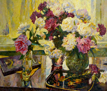 Oil painting of lush peonies by Logvynyk Alexander Semenovich