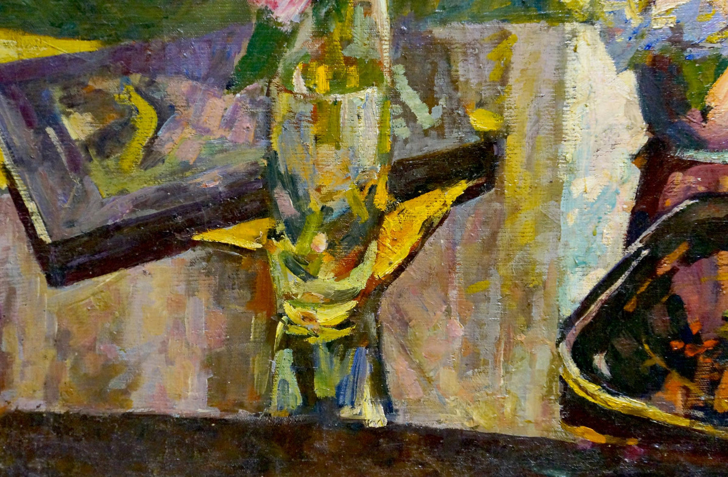 Oil painting of translucent green glass bottle by Logvinyuk Alexander Semenovich