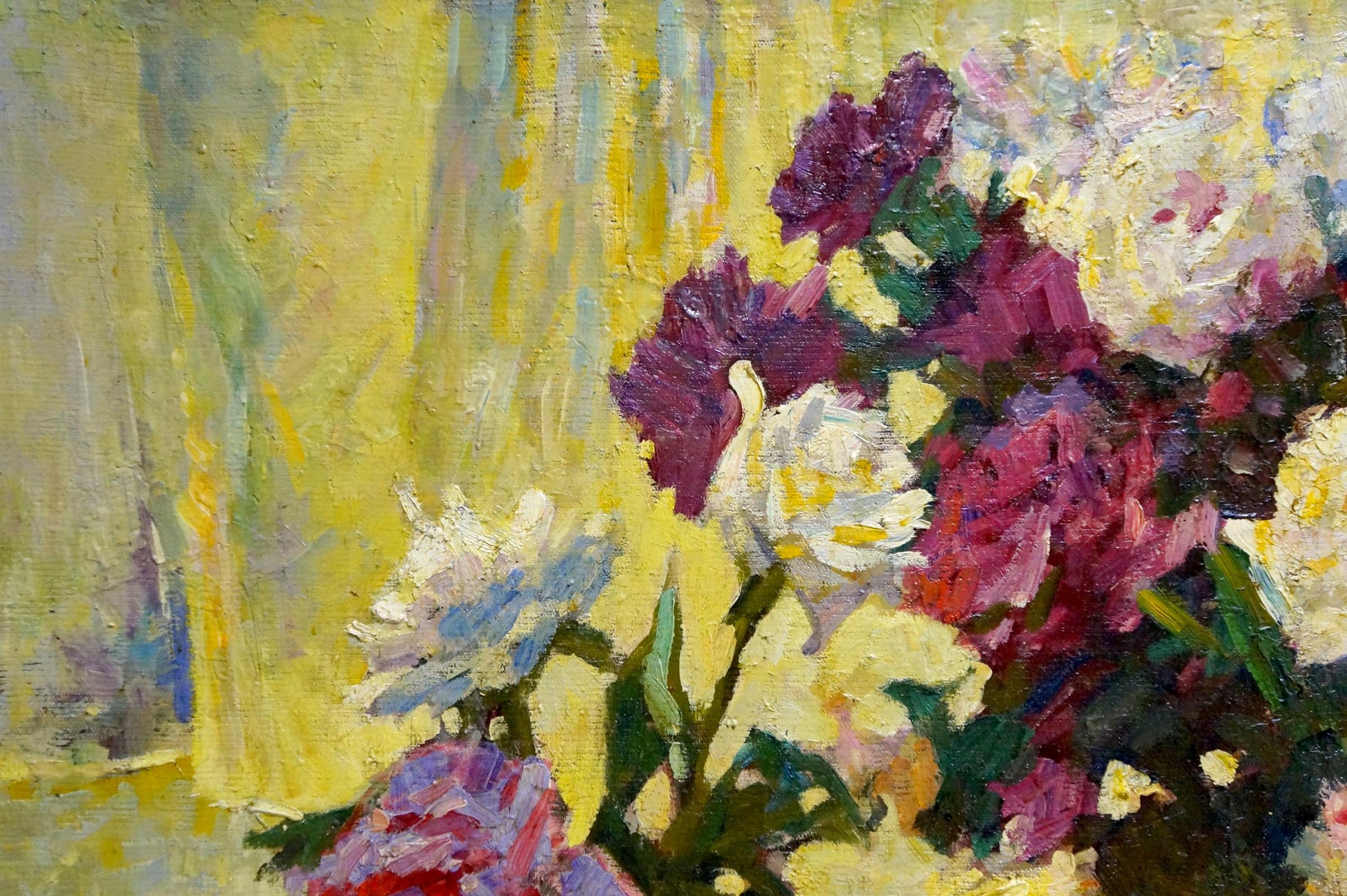 Vibrant oil painting of purple, white, pink peonies by Logvynyk Alexander Semenovich