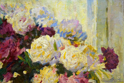 Vibrant impressionist oil painting of peonies by Logvinyuk Alexander Semenovich
