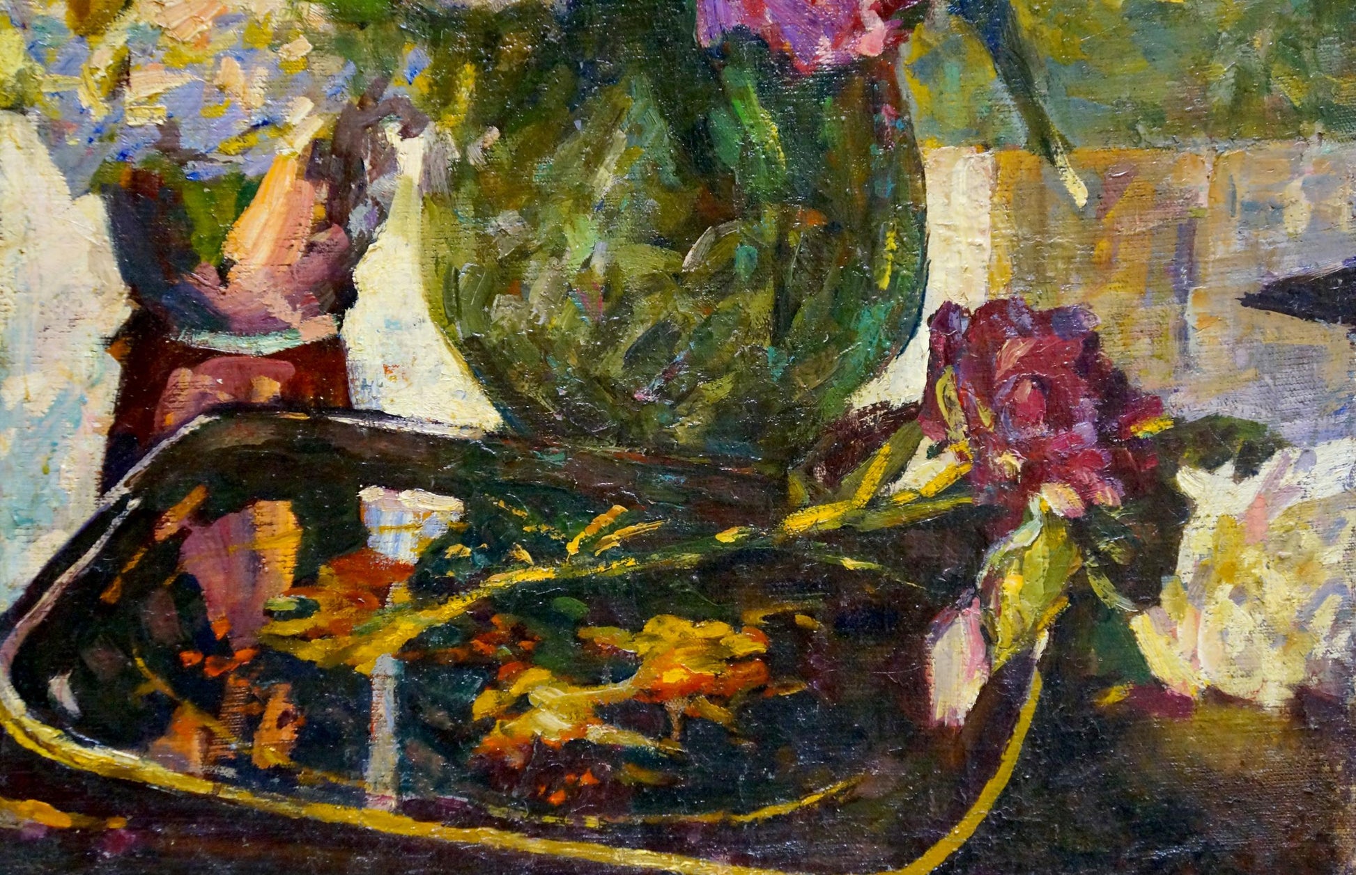 Oil painting of peonies in green glass vase by Logvinyuk Alexander Semenovich