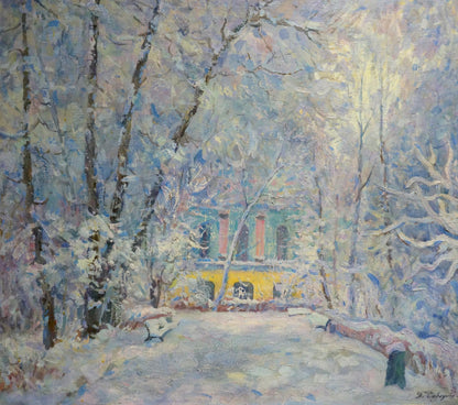 Oil painting by Sabadysh Petr Evlampievich: snow-covered house in winter landscape