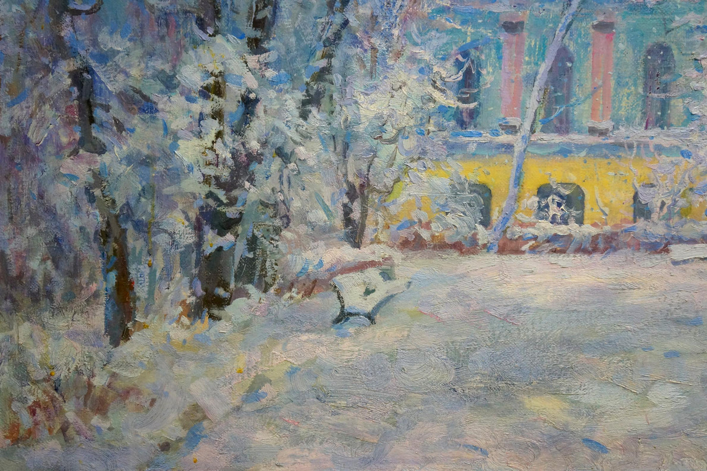 Oil painting by Sabadysh Petr Evlampievich: snowy bench by yellow building