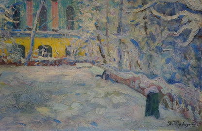 Impressionistic snowy winter landscape oil painting by Sabadysh Petr Evlampievich