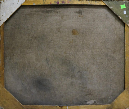 Back of framed octagonal oil painting Winter landscape by Sabadysh Petr Evlampievich