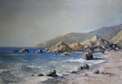 Oil painting Sea shore Ferber A: rugged rocks, crashing waves, distant hills