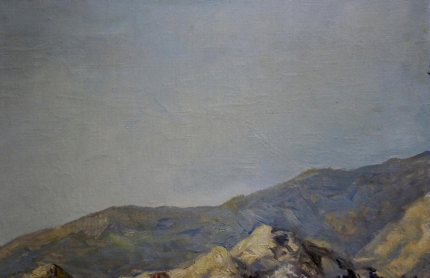 Textured oil painting of Ferber A sea shore with mountain range in earthy tones