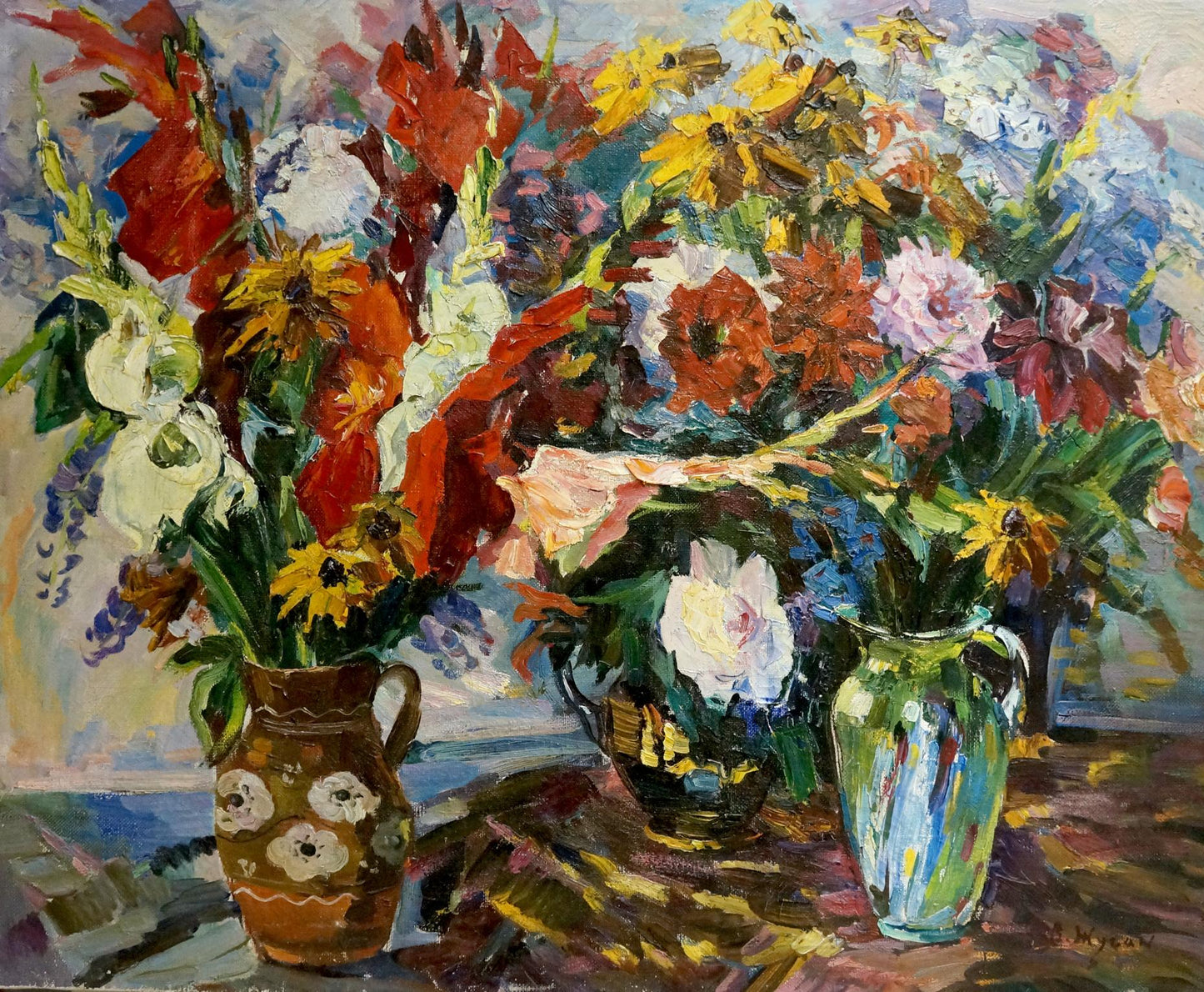Vibrant impressionistic oil painting of flowers in brown ceramic pitcher by Vladimir Zhugan