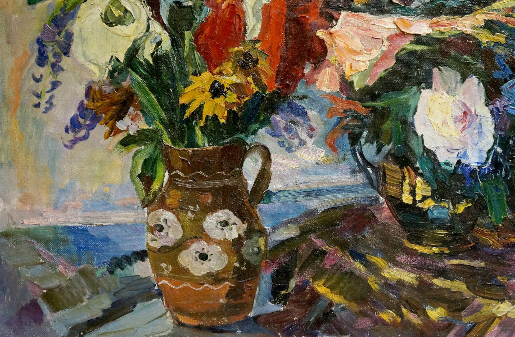 Oil painting of sunflowers in brown floral pitcher by Vladimir Zhugan