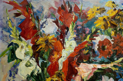 Vibrant impressionist oil painting Flowers for a girl by Vladimir Zhugan