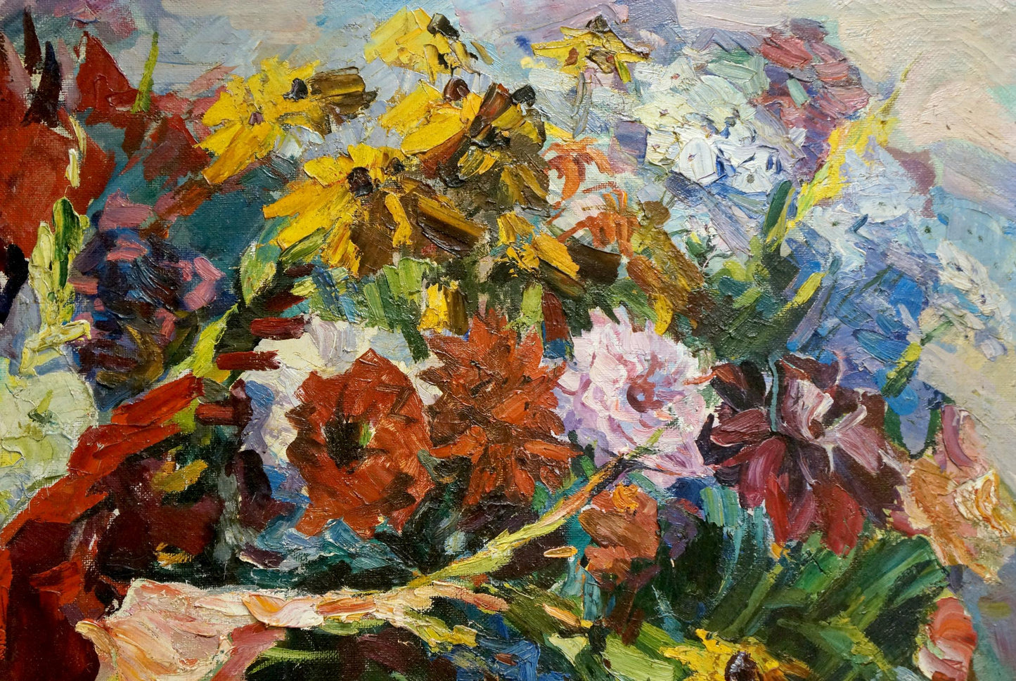 Vibrant impressionistic oil painting of lush flowers by Vladimir Zhugan