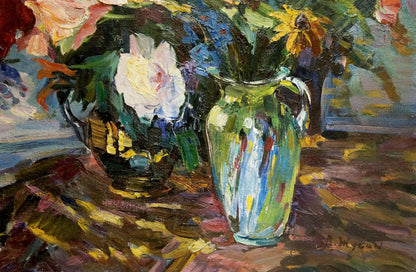 Vibrant green ceramic pitcher by Vladimir Zhugan oil painting flowers for a girl
