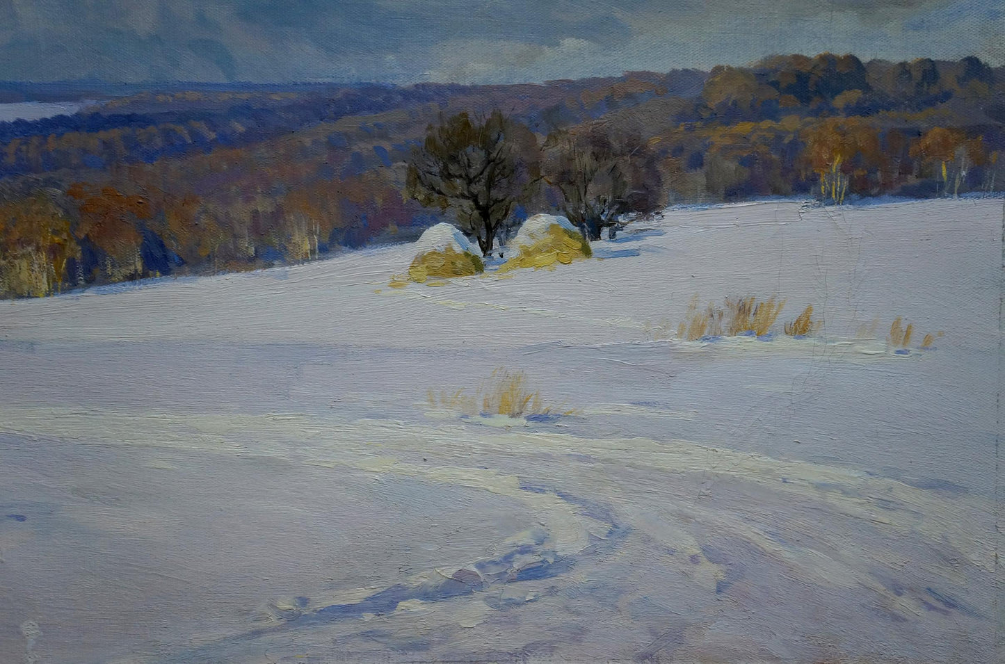 Oil painting by Litovchenko Boris Alexandrovich: snow-covered hay bales in wintry field