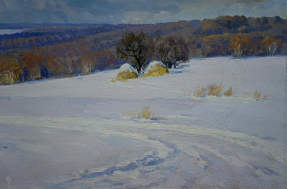 Oil painting by Litovchenko Boris Alexandrovich: snow-covered hay bales in wintry field