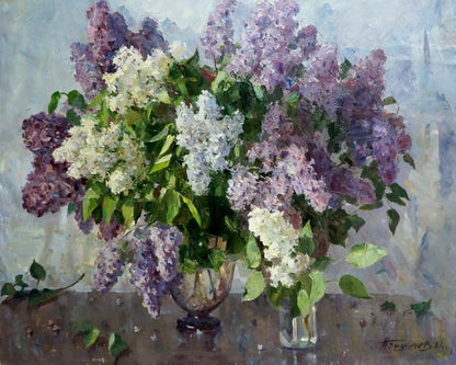 Oil painting of lush lilac blossoms by Bazylev Nikolay Ivanovich