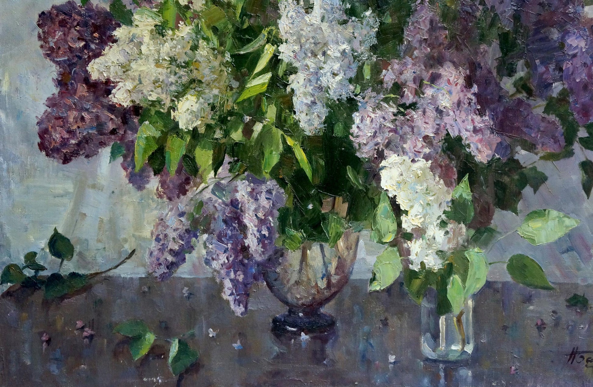 Oil painting of lush lilac blossoms by Bazylev Nikolay Ivanovich
