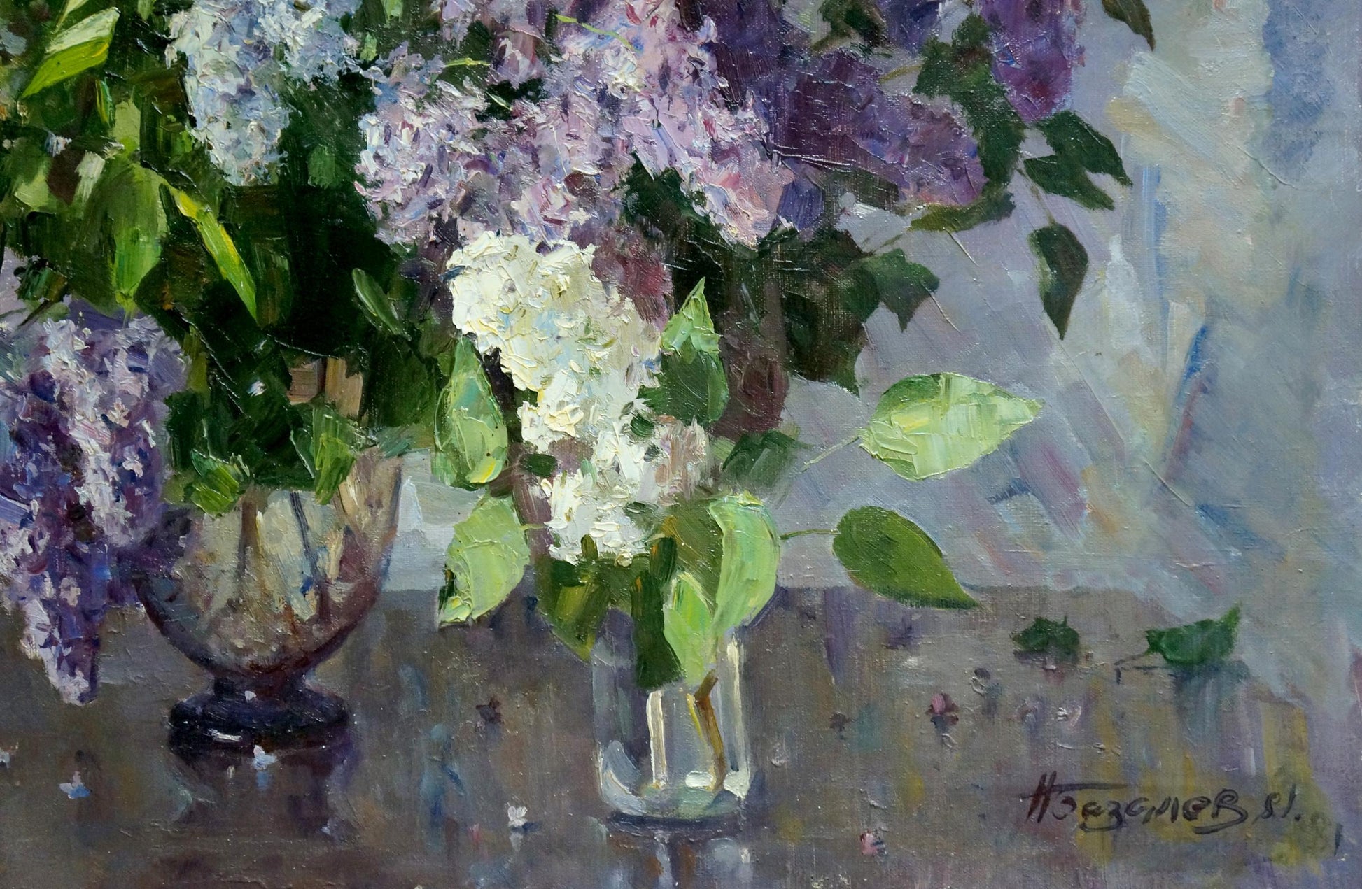Oil painting of lilac bouquet in vase by Bazylev Nikolay Ivanovich