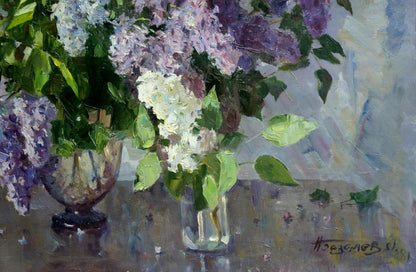 Oil painting of lilac bouquet in vase by Bazylev Nikolay Ivanovich