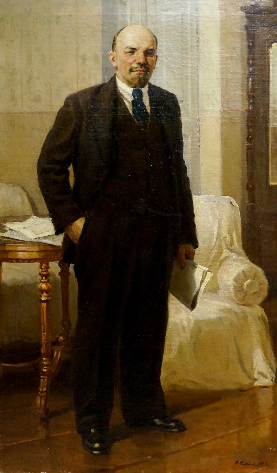 Oil painting portrait of Lenin Savin Victor Markiyanovich in black three-piece suit with dark blue patterned tie