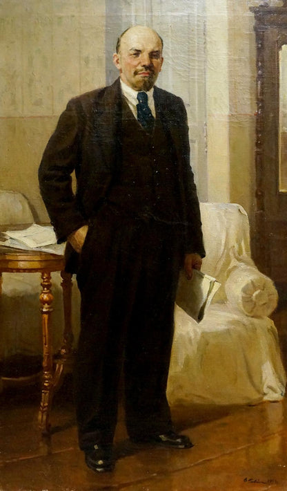 Oil painting portrait of Lenin Savin Victor Markiyanovich in black three-piece suit with dark blue patterned tie