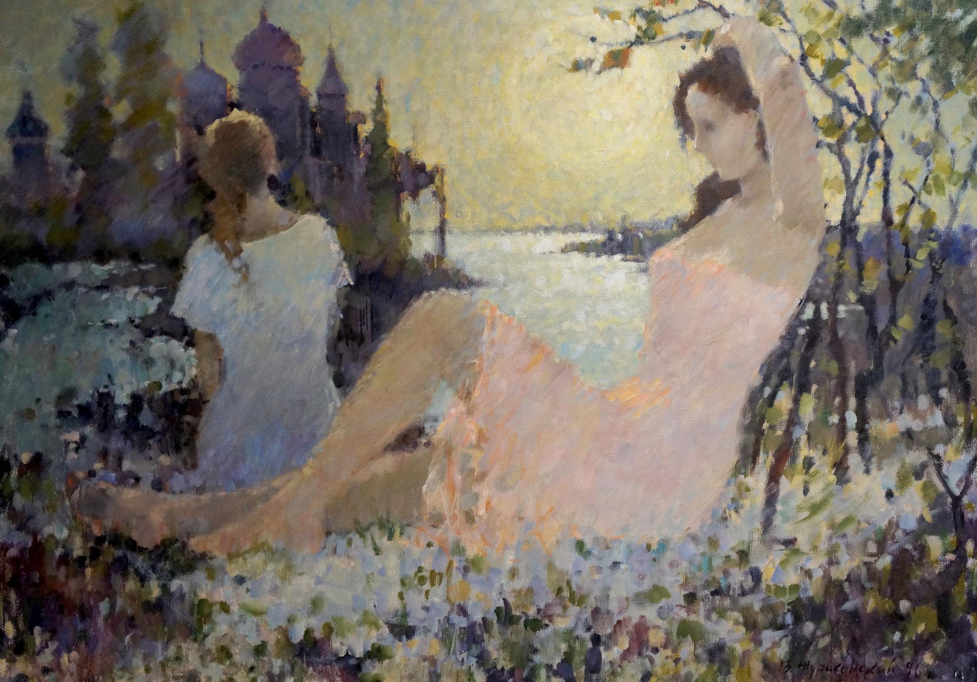 Oil painting of girl in pink dress seated in white flowers near shore by Zhurakovsky Victor Petrovich
