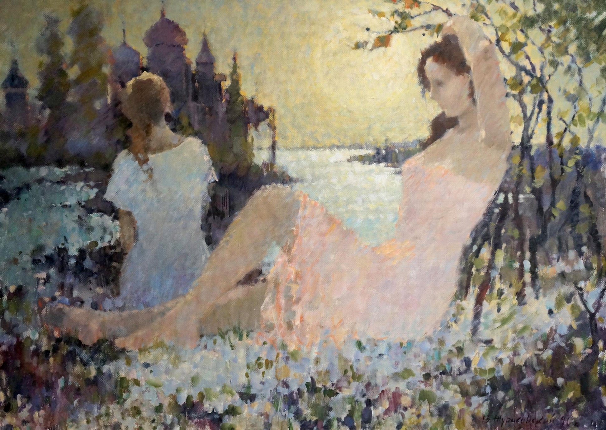 Oil painting of girl in pink dress near shore by Zhurakovsky Victor Petrovich