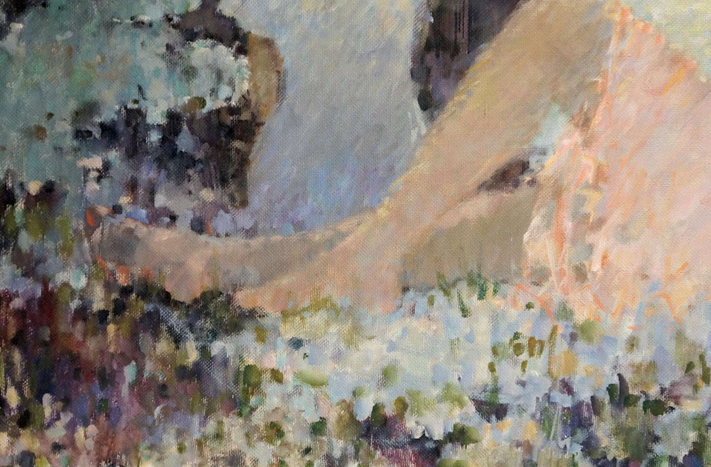 Impressionistic oil painting of womans peach legs on flowers by Zhurakovsky Victor Petrovich