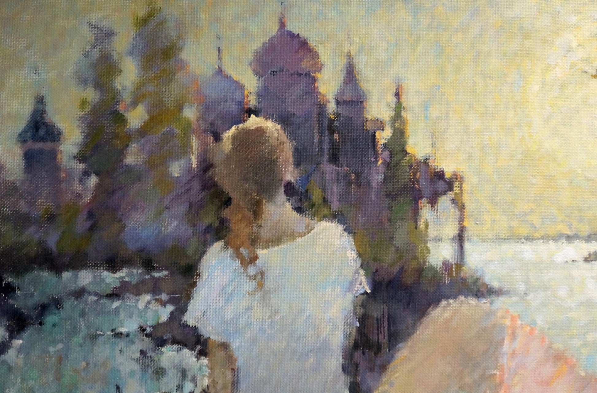 Oil painting by Zhurakovsky Victor Petrovich: girl near shore in white before purple domes