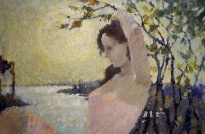 Impressionistic oil painting of girl near shore by Zhurakovsky Victor Petrovich