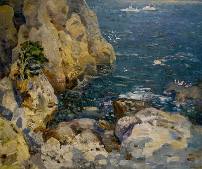 Oil painting of rugged coastal cliffs and ocean waves by Merinov Alexey Iosifovich