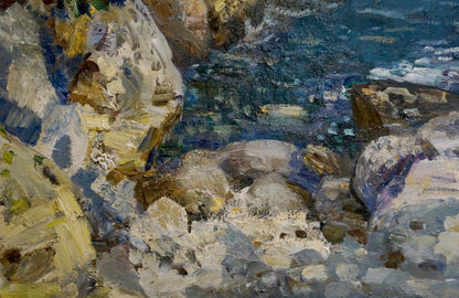 Oil painting by Merinov Alexey Iosifovich: textured coastal rocks and turbulent sea