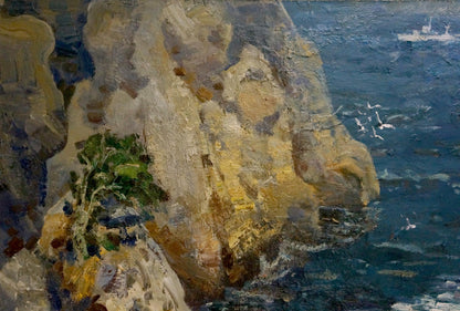 Oil painting of textured ochre gray cliffside with green bush by Merinov Alexey Iosifovich