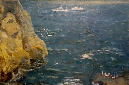 Oil painting by Merinov Alexey Iosifovich: rugged cliffside over turbulent seas