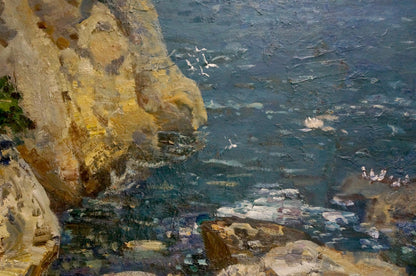 Oil painting by Merinov Alexey Iosifovich: textured ochre cliffs meet blue ocean waves with seabirds