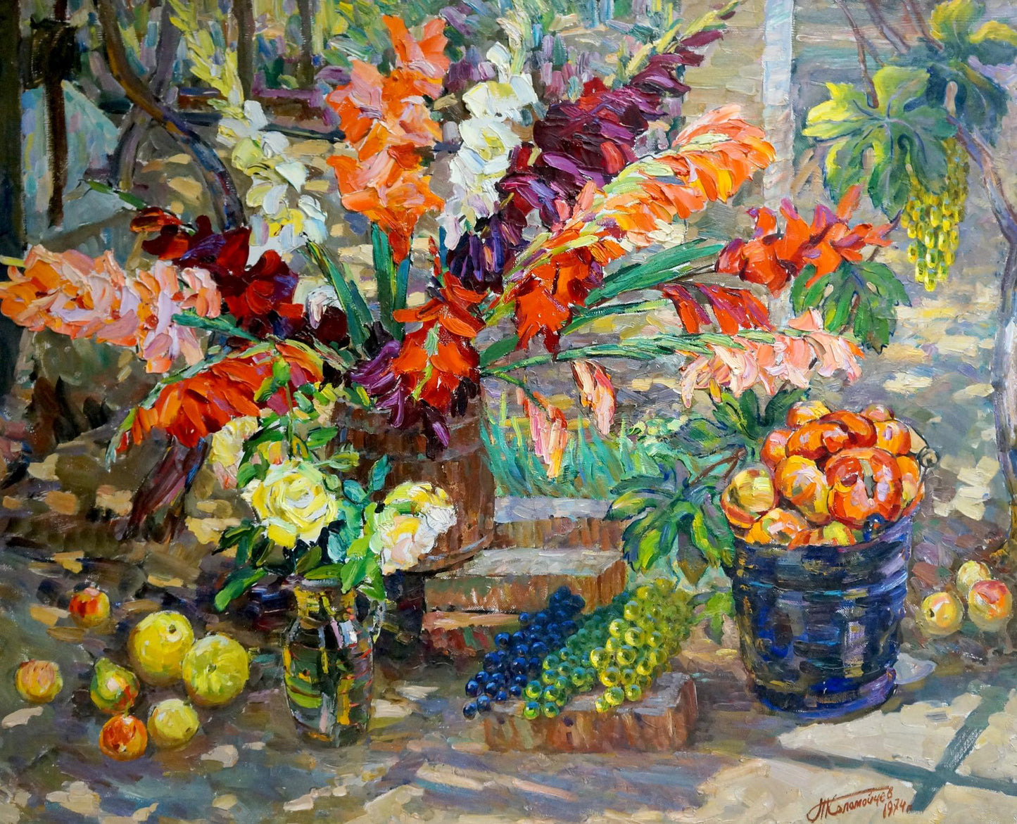 Oil painting of vibrant orange, red, white gladioli bouquet in rustic bucket by Kolomoitsev Petr Mikhailovich