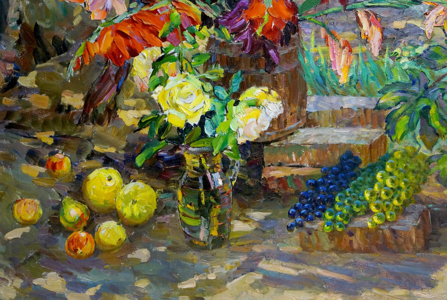 Oil painting of vibrant yellow rose bouquet in glass vase by Kolomoitsev Petr Mikhailovich