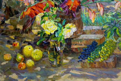 Oil painting of vibrant yellow rose bouquet in glass vase by Kolomoitsev Petr Mikhailovich