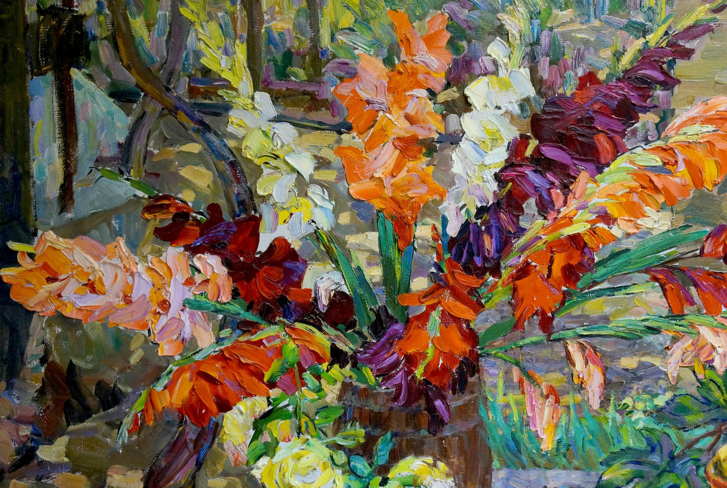 Vibrant orange, purple, white gladiolus in wooden vase oil painting by Kolomoitsev Petr Mikhailovich